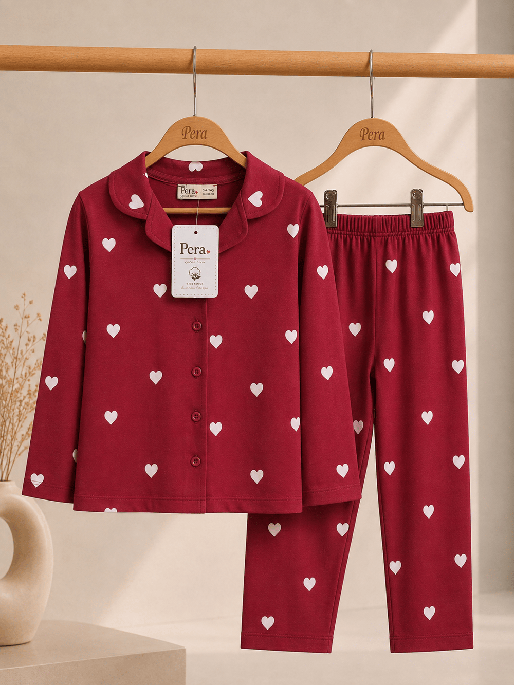 Düğmeli Kalp Desenli Mevsimlik Pijama Takımı