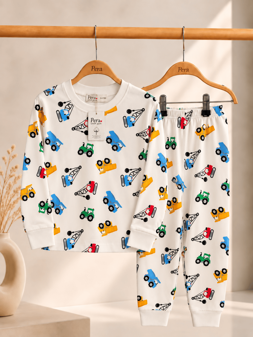 İş Makinası Desenli Kalın Mevsimlik Pijama Takımı (Rahat Kalıp)