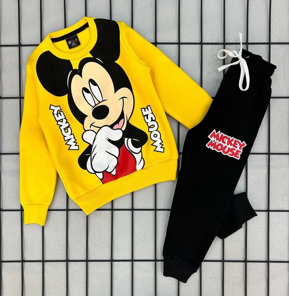 Sarı Mickey Baskılı İçi Polarlı Eşofman Takımı