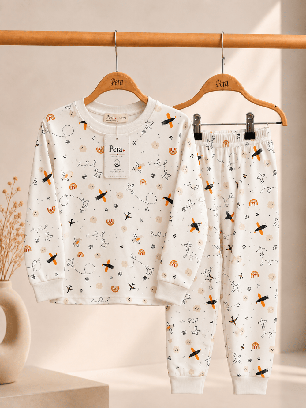 Uçak Desenli Kalın Mevsimlik Pijama Takımı (Rahat Kalıp)