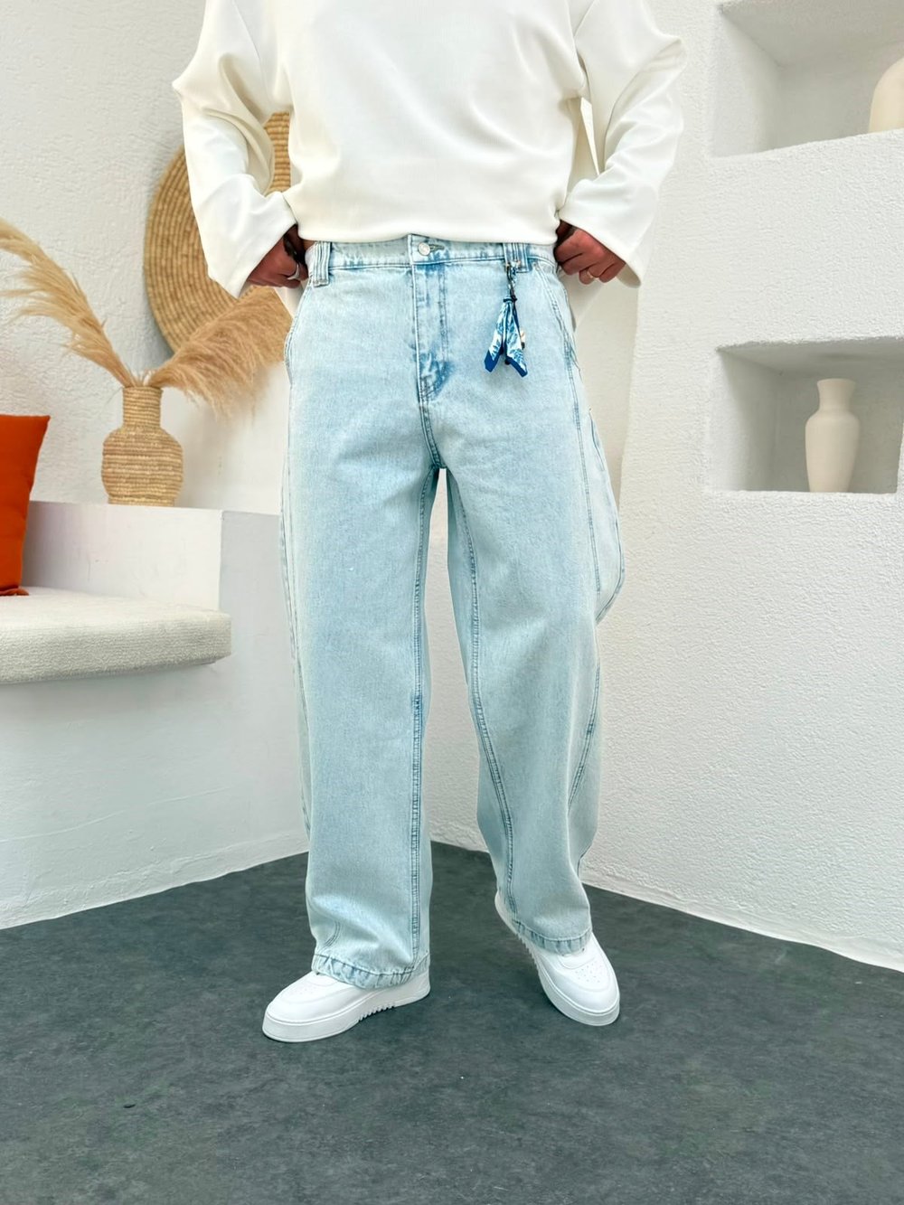 Aksesuar Şerit Detay Buz Mavi Baggy  Jean