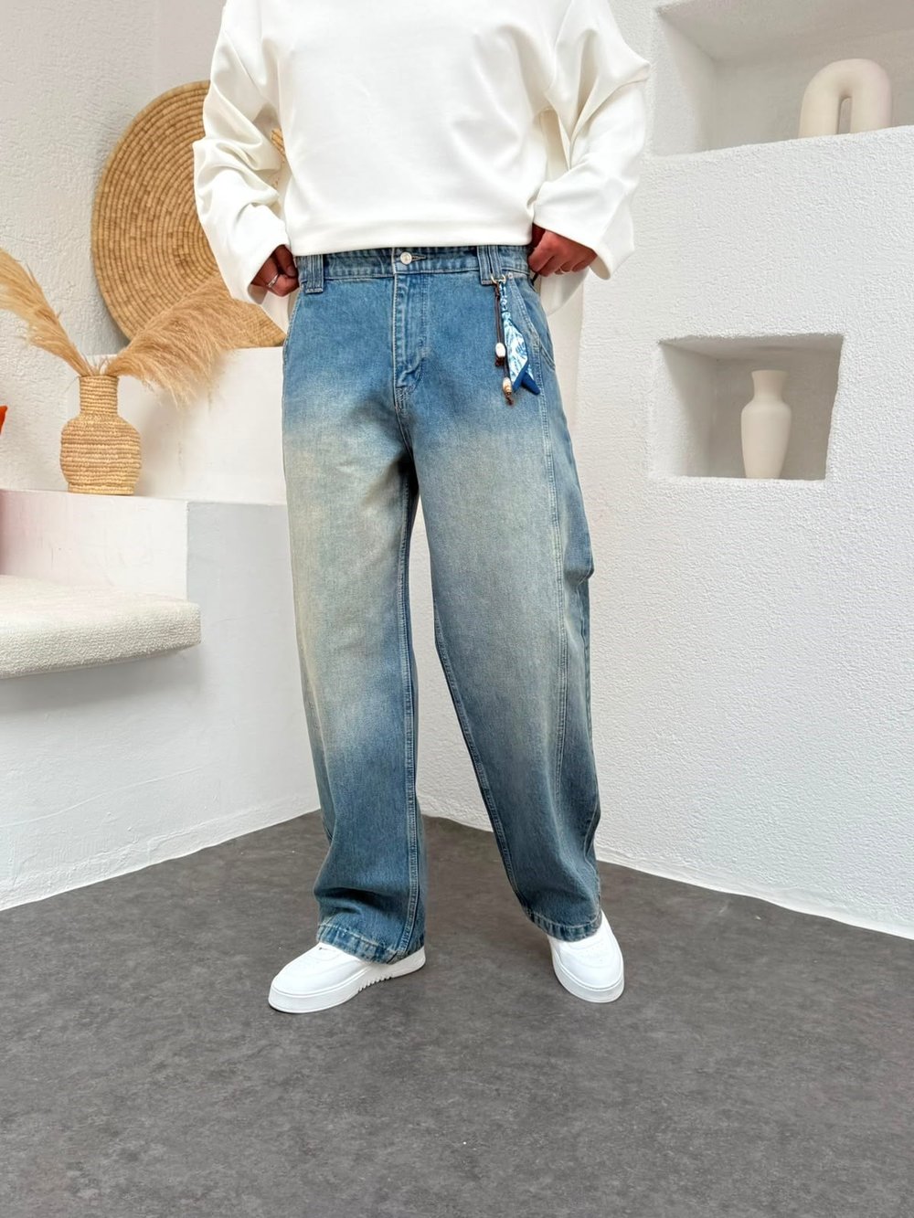 Aksesuar Şerit Detay Mavi Baggy  Jean