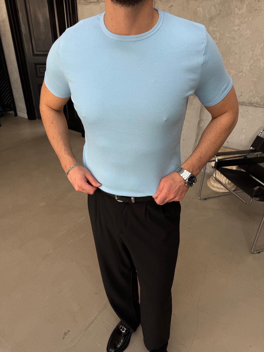 Bebe Mavi İnce Fitilli Slim Bisiklet Yaka T-Shirt