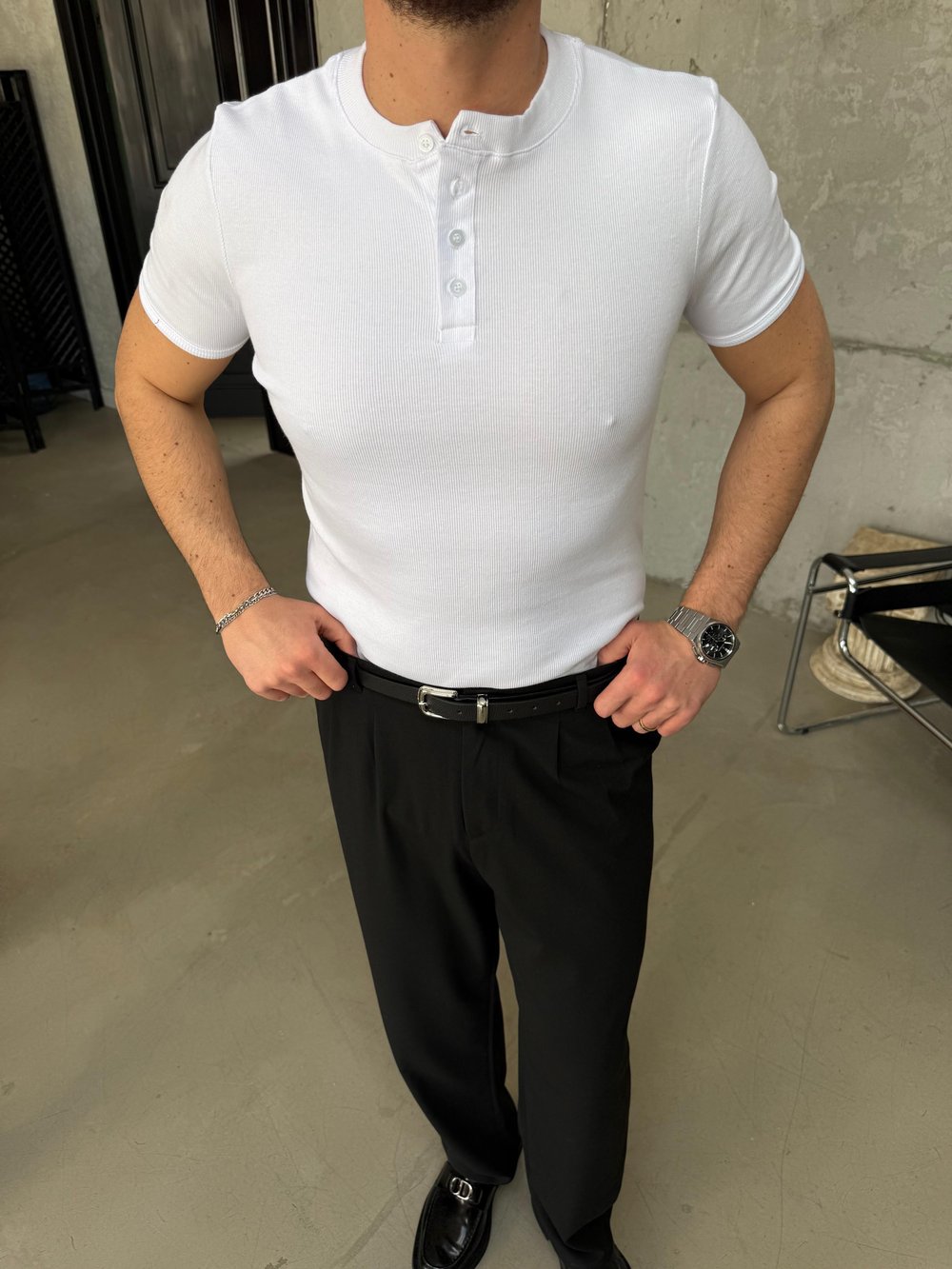 Beyaz Henley Yaka Slimfit Fitilli T-Shirt