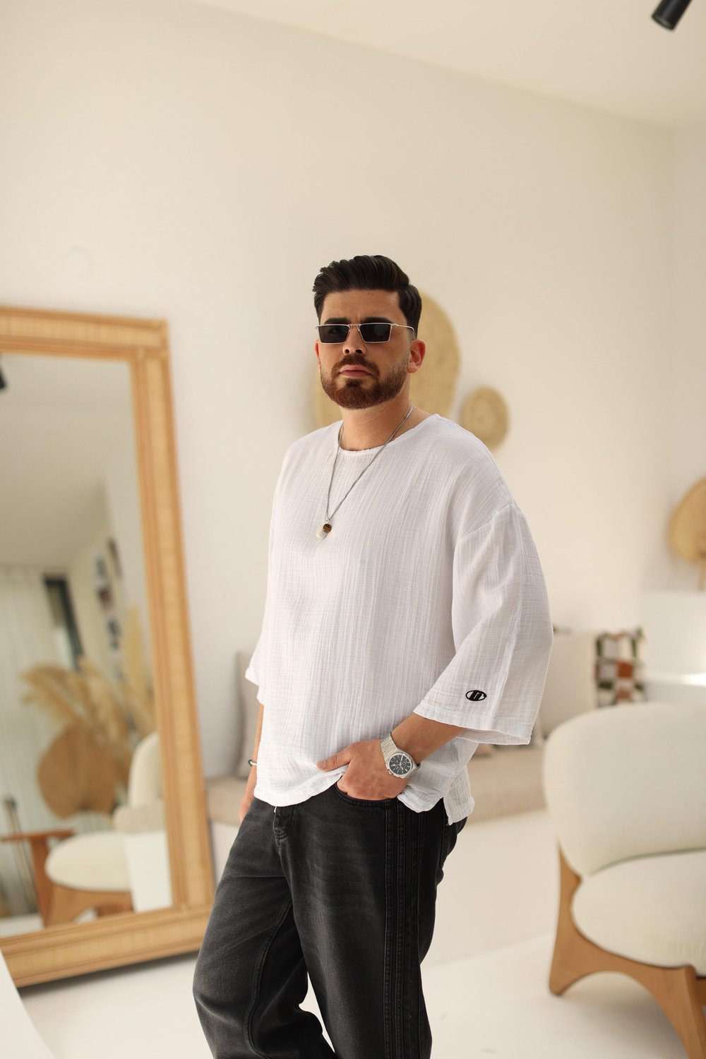 Beyaz Müslin Kumaş Fakir Kol T-Shirt