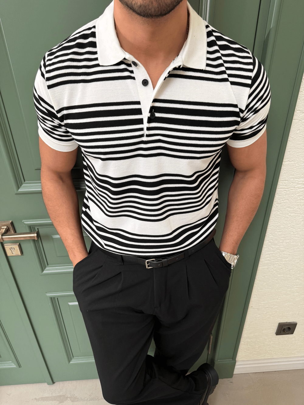Ekru Çizgili Polo Yaka T-Shirt
