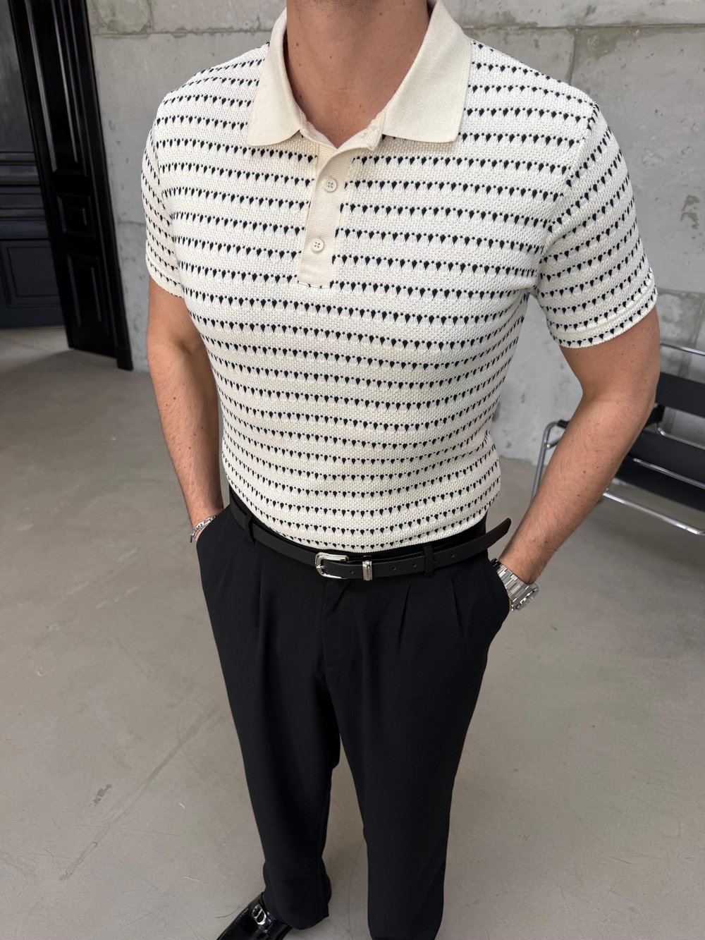 Ekru Desenli Polo Yaka T-Shirt