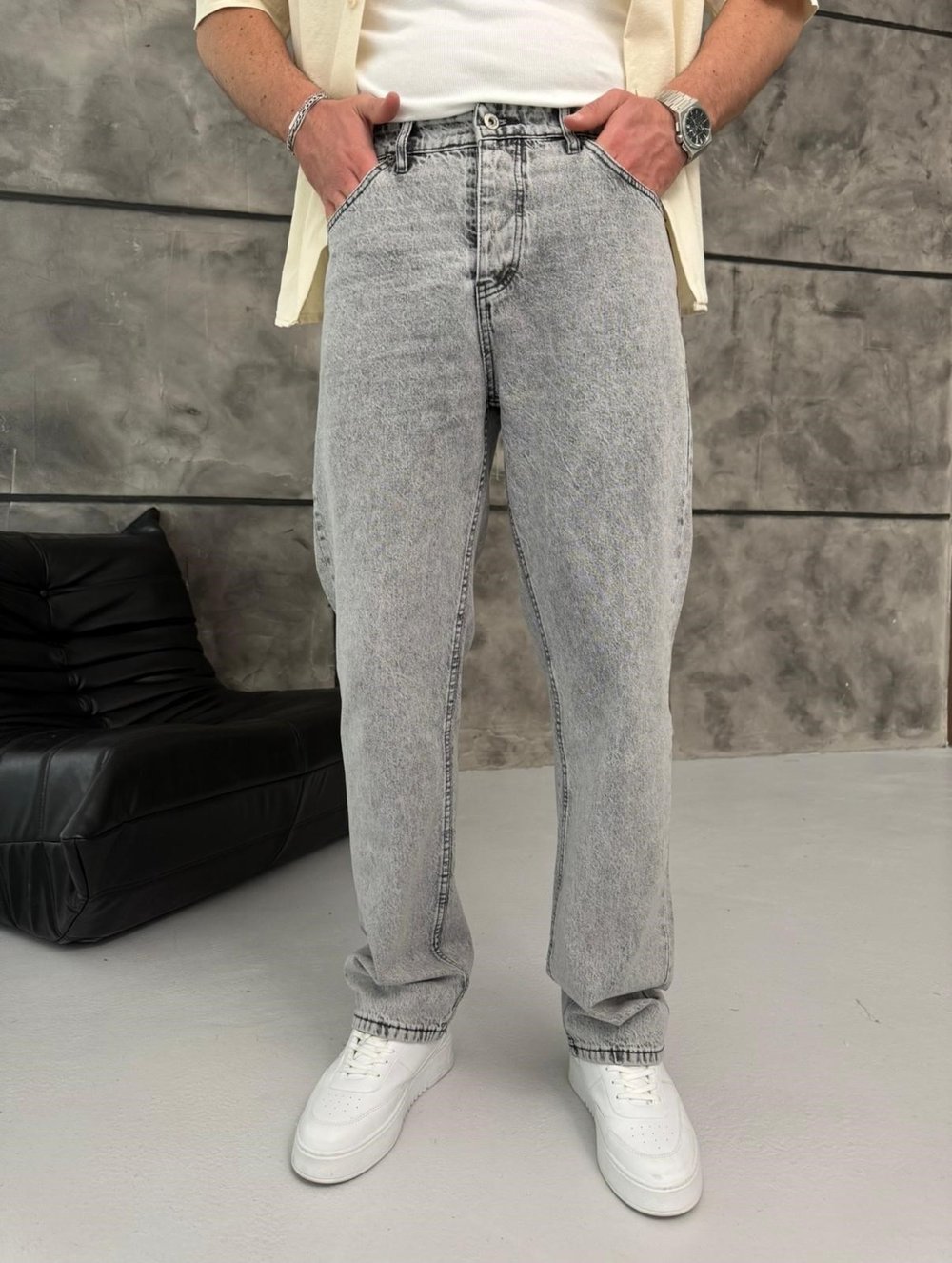 Gri Yıkamalı Baggy Jean