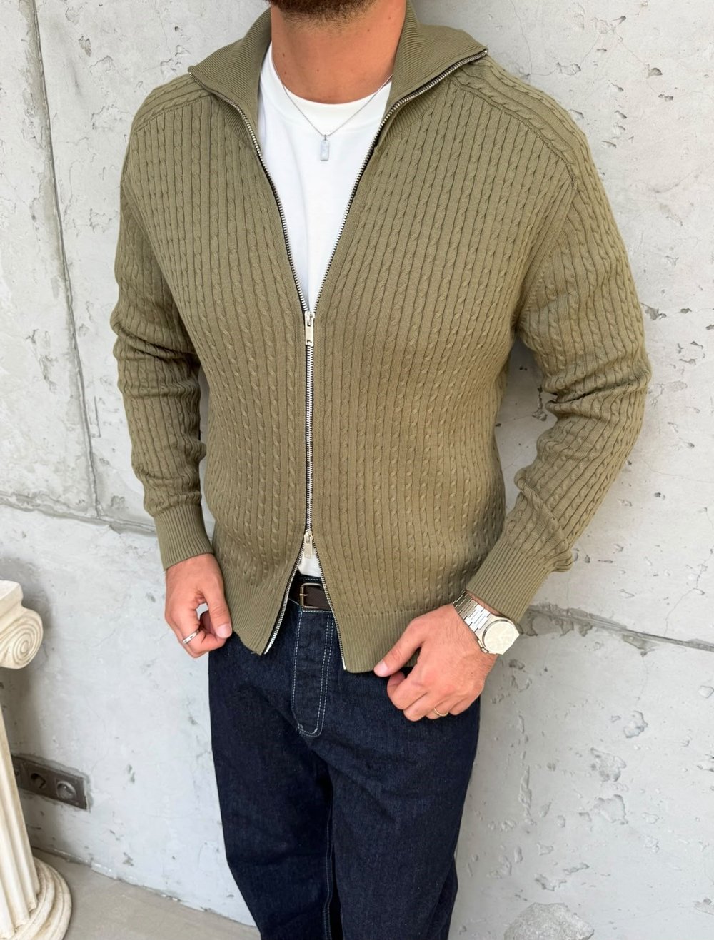 Haki Örgülü Regular Fit Hırka