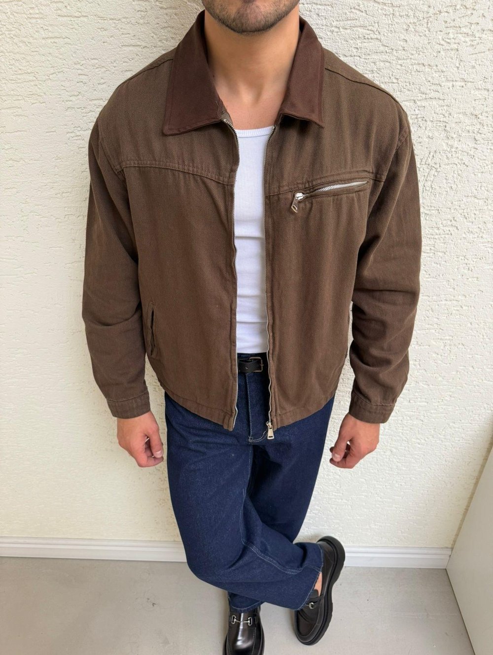 Kadife Yaka Kahve Denim Ceket