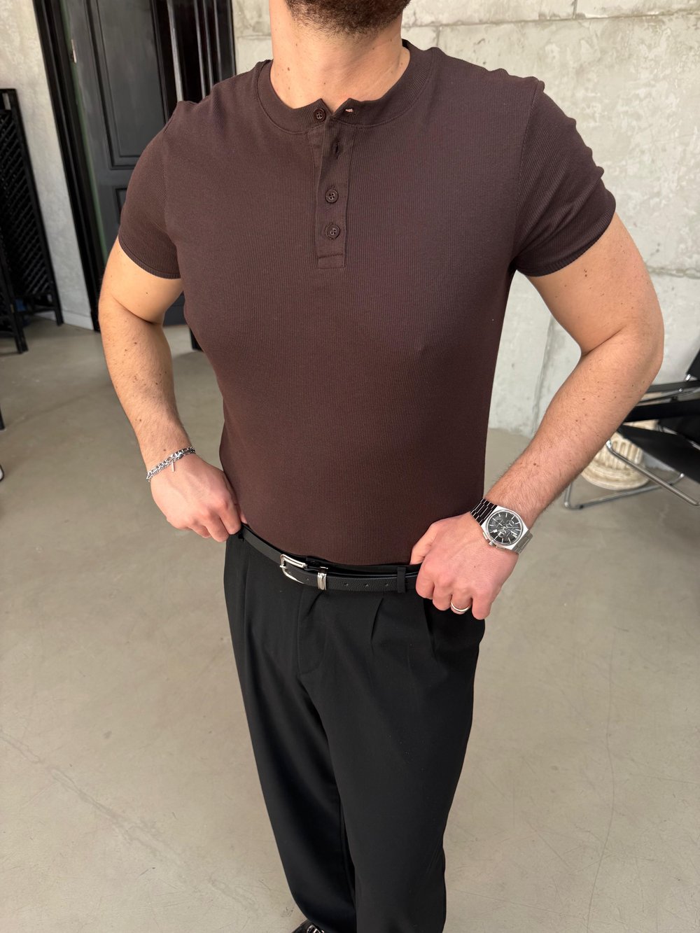 Kahve Henley Yaka Slimfit Fitilli T-Shirt