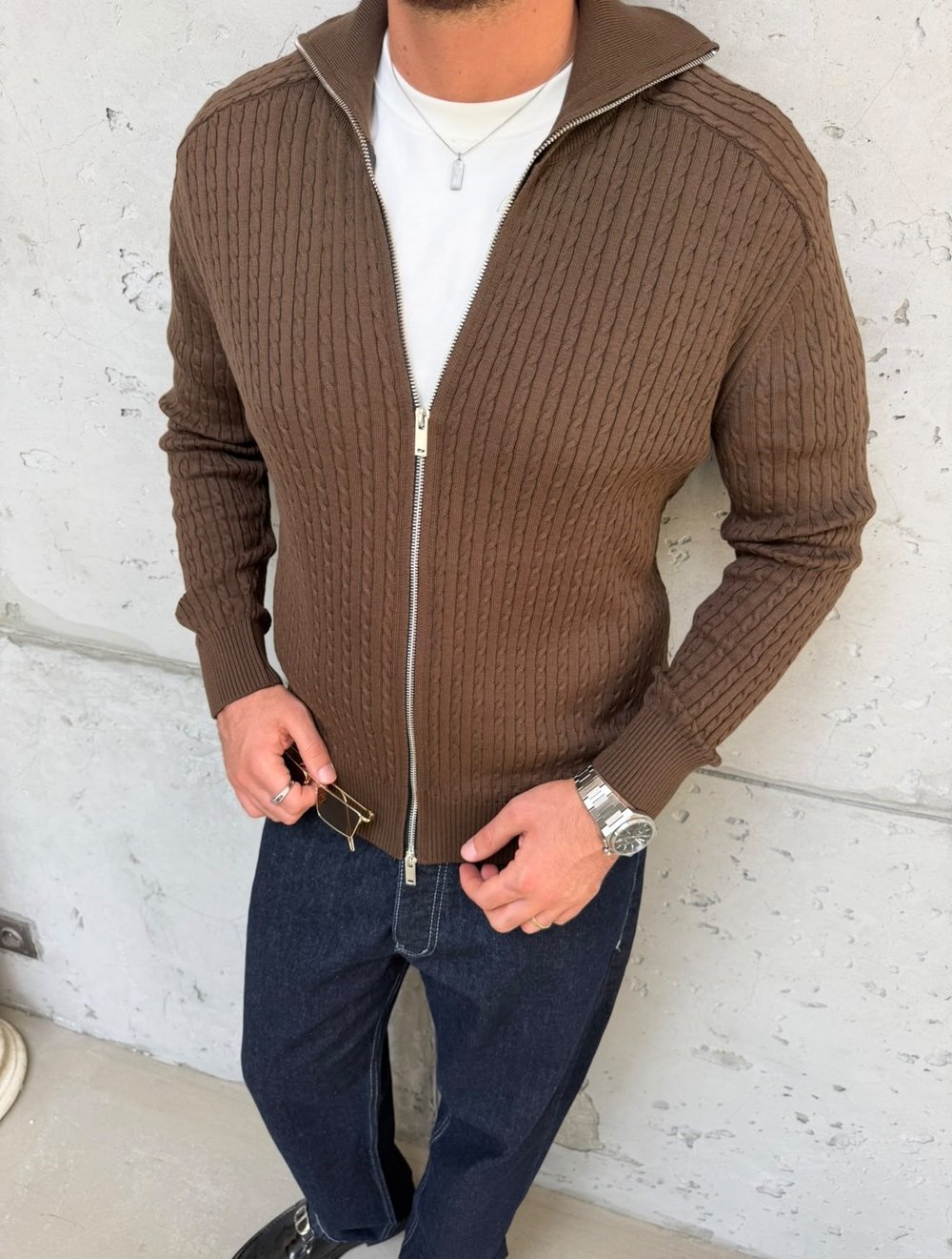 Kahve Örgülü Regular Fit Hırka