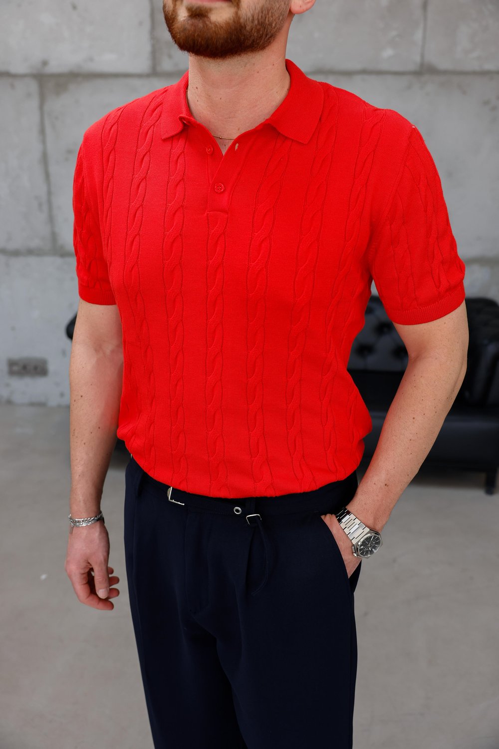 Kırmızı Örgü Triko Polo Yaka T-Shirt