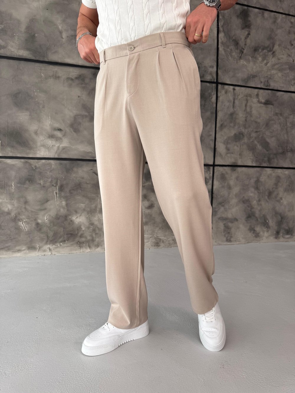 Krem Pileli Baggy Kumaş Pantolon