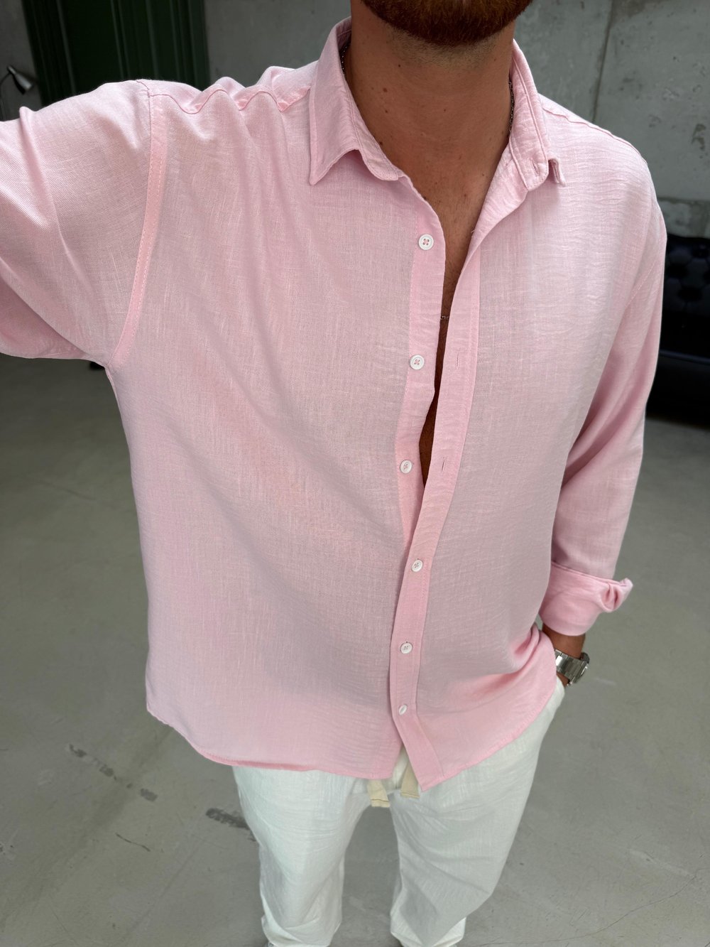 Pembe Gobiş Keten Gömlek