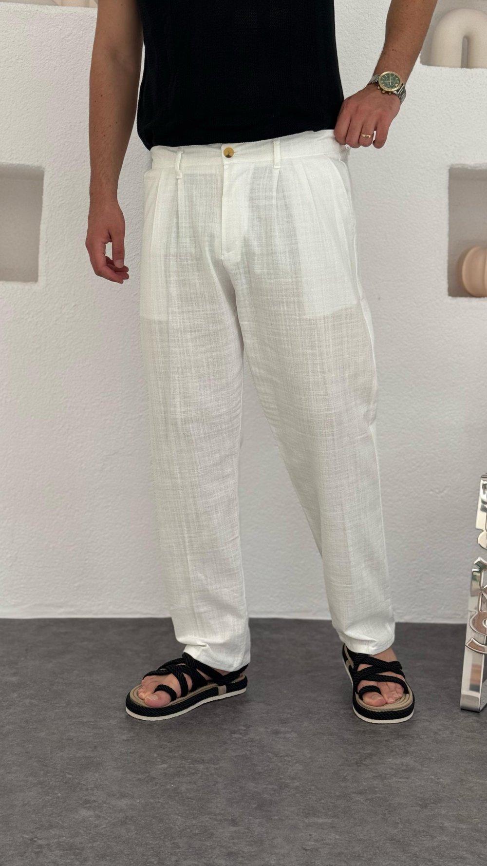Pileli Baggy Keten Pantolon Beyaz