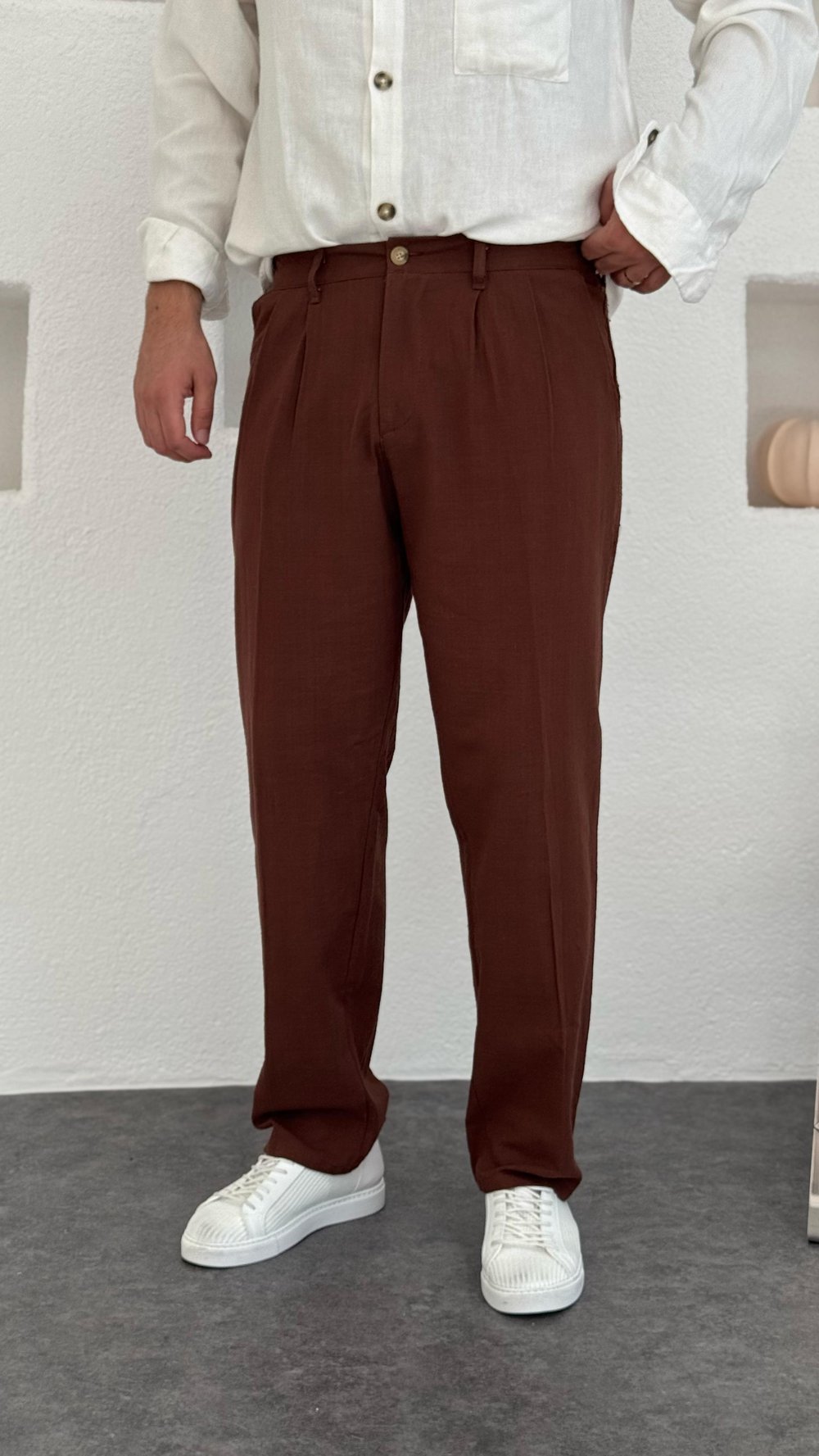 Pileli Baggy Keten Pantolon Kahverengi