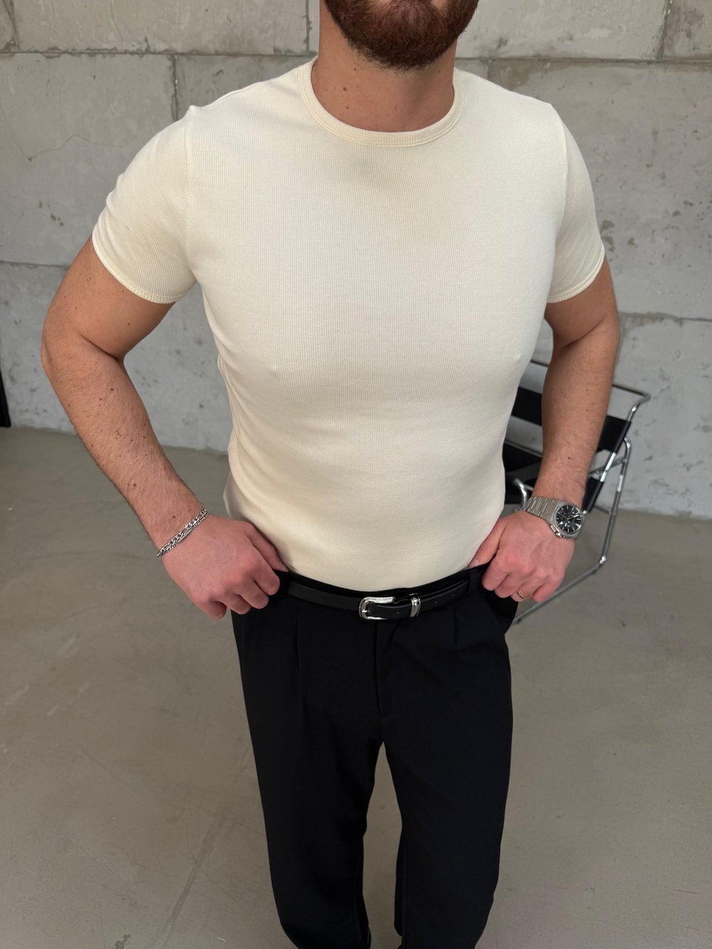 Sarı İnce Fitilli Slim Bisiklet Yaka T-Shirt
