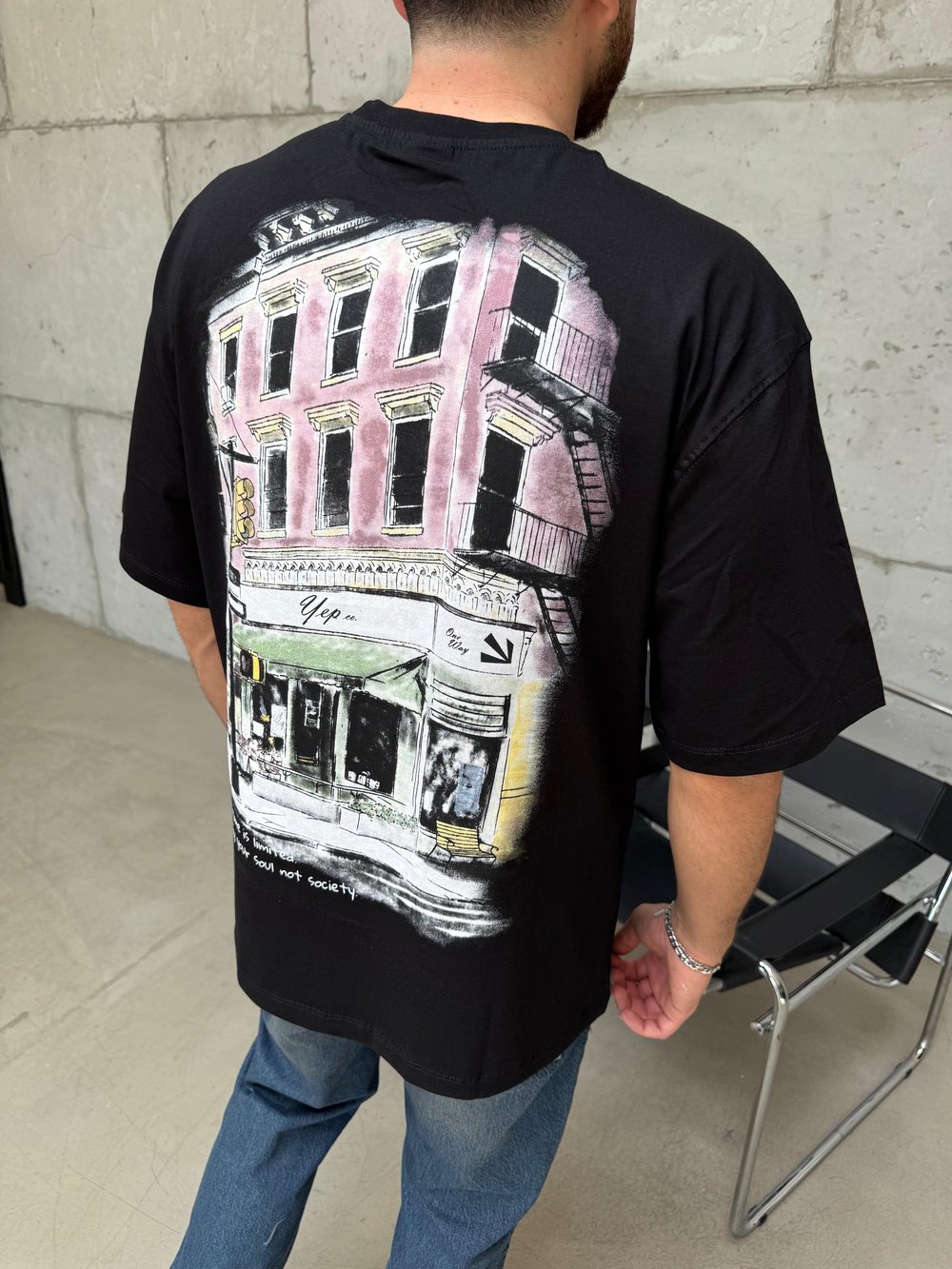 Şehir Baskı Oversize T-Shirt Siyah