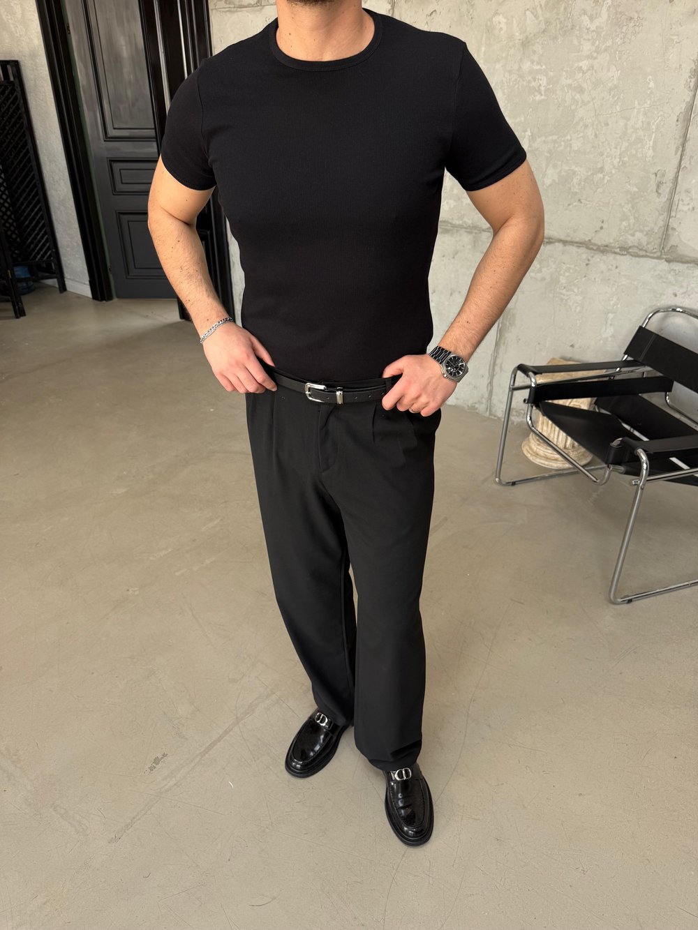 Siyah İnce Fitilli Slim Bisiklet Yaka T-Shirt