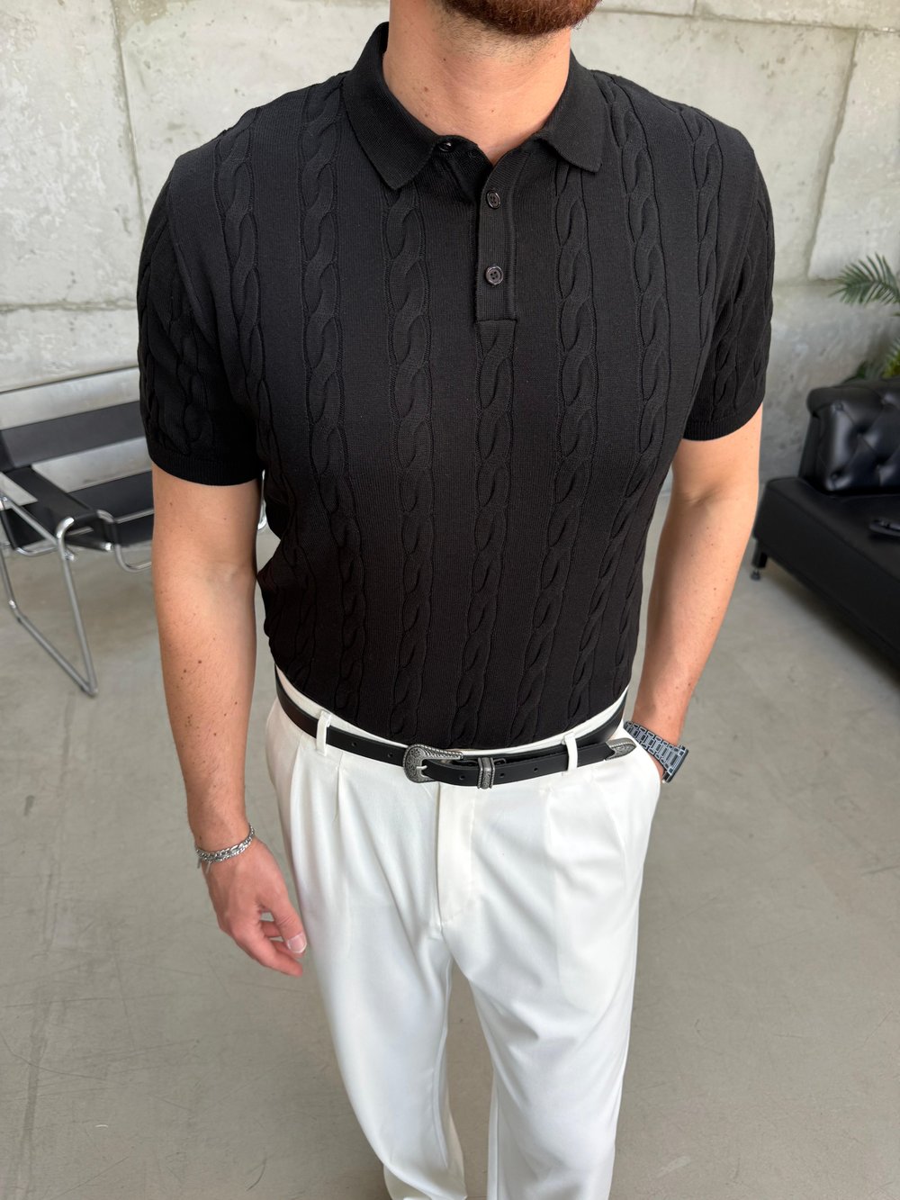 Siyah Örgü Triko Polo Yaka T-Shirt