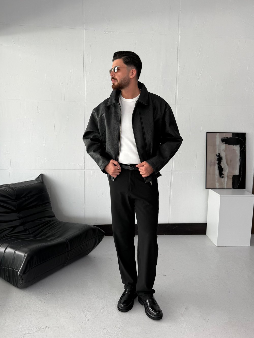 Siyah Oversize Retro Deri Ceket