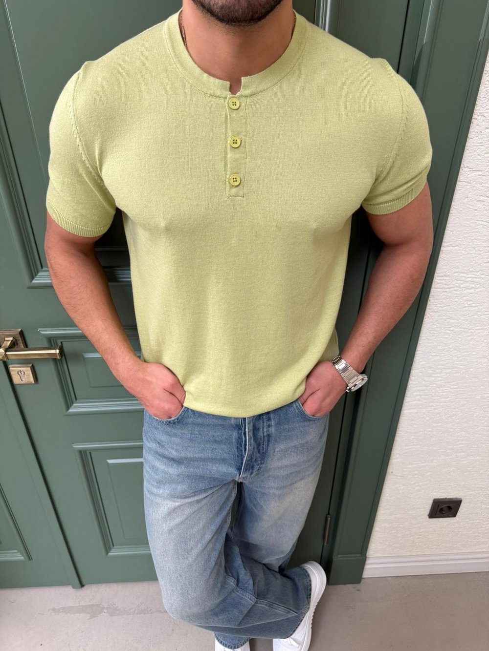 Yeşil Düğme Detaylı Triko T-Shirt