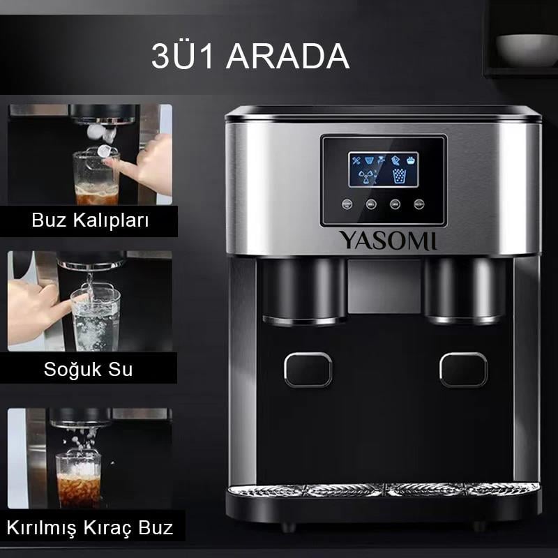 Yasomi Coolmaster ZBS15 3in1 Küp & Kırılmış Buz, Soğuk Su LCD Dokunmatik Inox Gövde 2l Tanklı Buz Makinesi