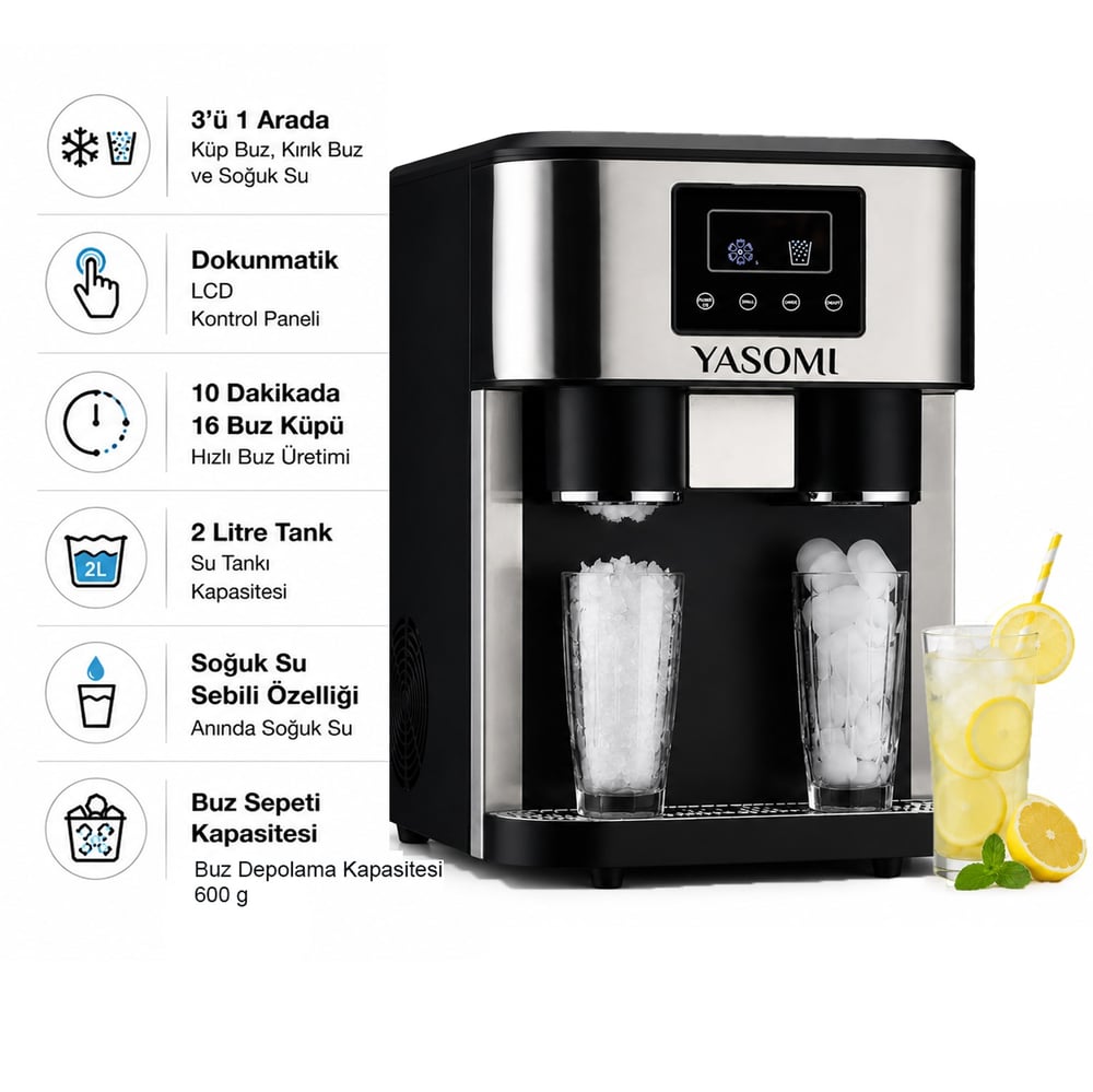 Yasomi Coolmaster ZBS15 3in1 Küp & Kırılmış Buz, Soğuk Su LCD Dokunmatik Inox Gövde 2l Tanklı Buz Makinesi