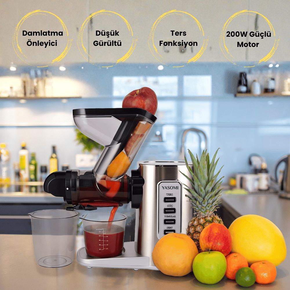 Yasomi JS3108 200W Ters Fonksiyon Paslanmaz Çelik Gövde Slow Juicer Katı Sebze ve Meyve Sıkacağı