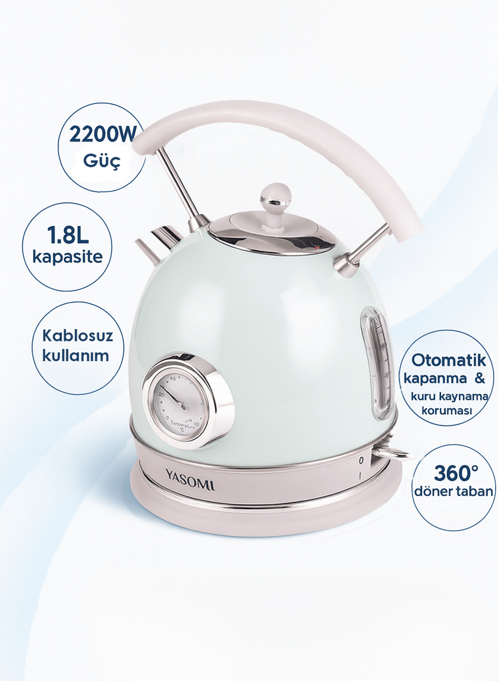 Yasomi YK-823NTSL 2200W 360° Döner Taban Kablosuz Kullanım Retro Su Isıtıcı Kettle
