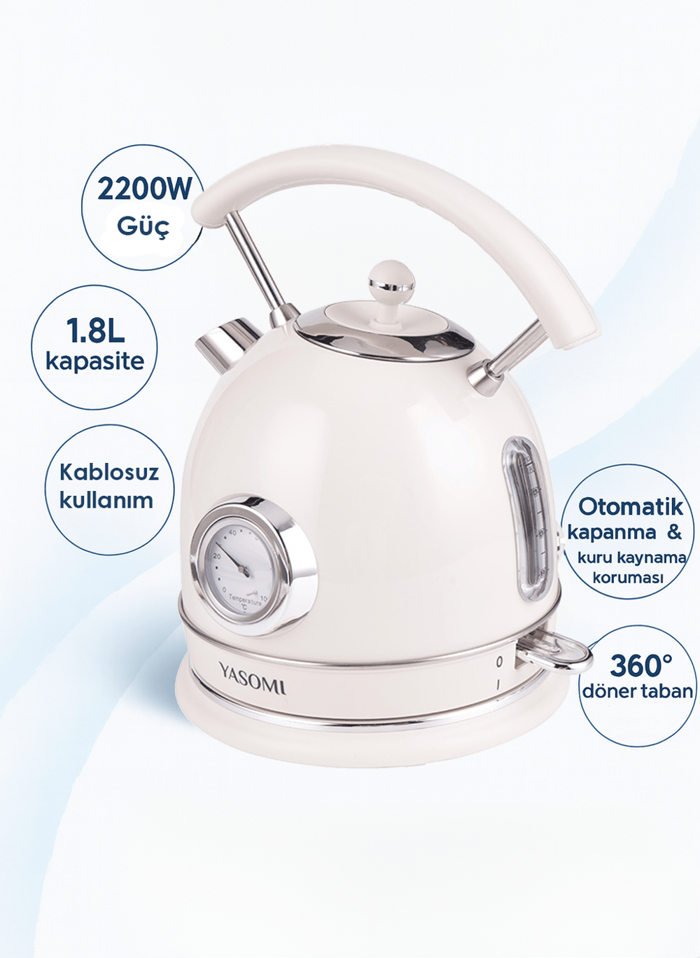 Yasomi YK-823NTSL 2200W 360° Döner Taban Kablosuz Kullanım Retro Su Isıtıcı Kettle