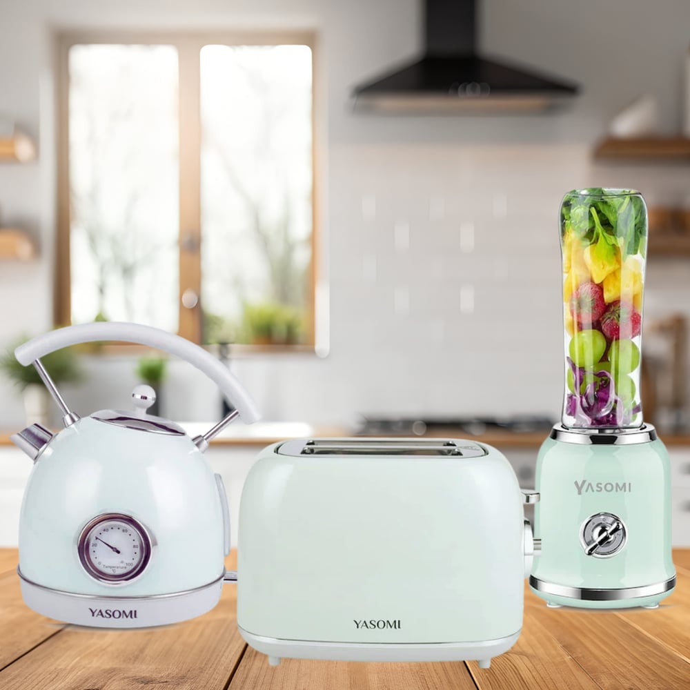 YASOYasomi Retro Kahvaltı Seti Su Isıtıcı Kettle + Smoothie Blender + Ekmek Kızartma Makinesi (Yeşil)Mİ RETRO KAHVALTI SETİ 3 LÜ SET YEŞİL