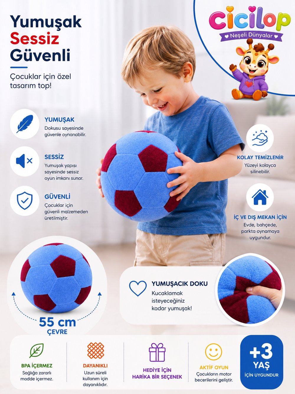 Sessiz Peluş Futbol Topu Bordo-Mavi