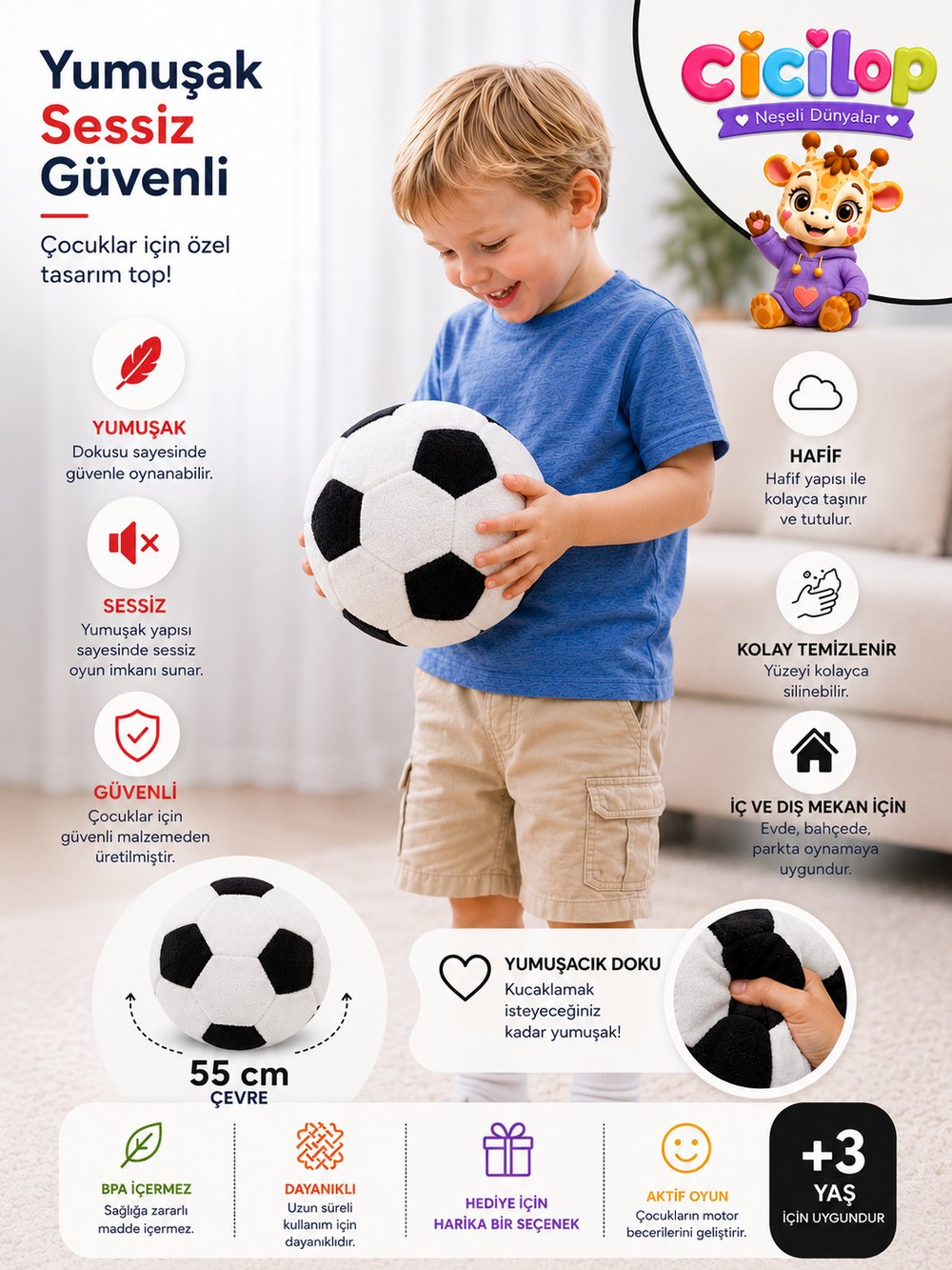 Sessiz Peluş Futbol Topu Siyah-Beyaz