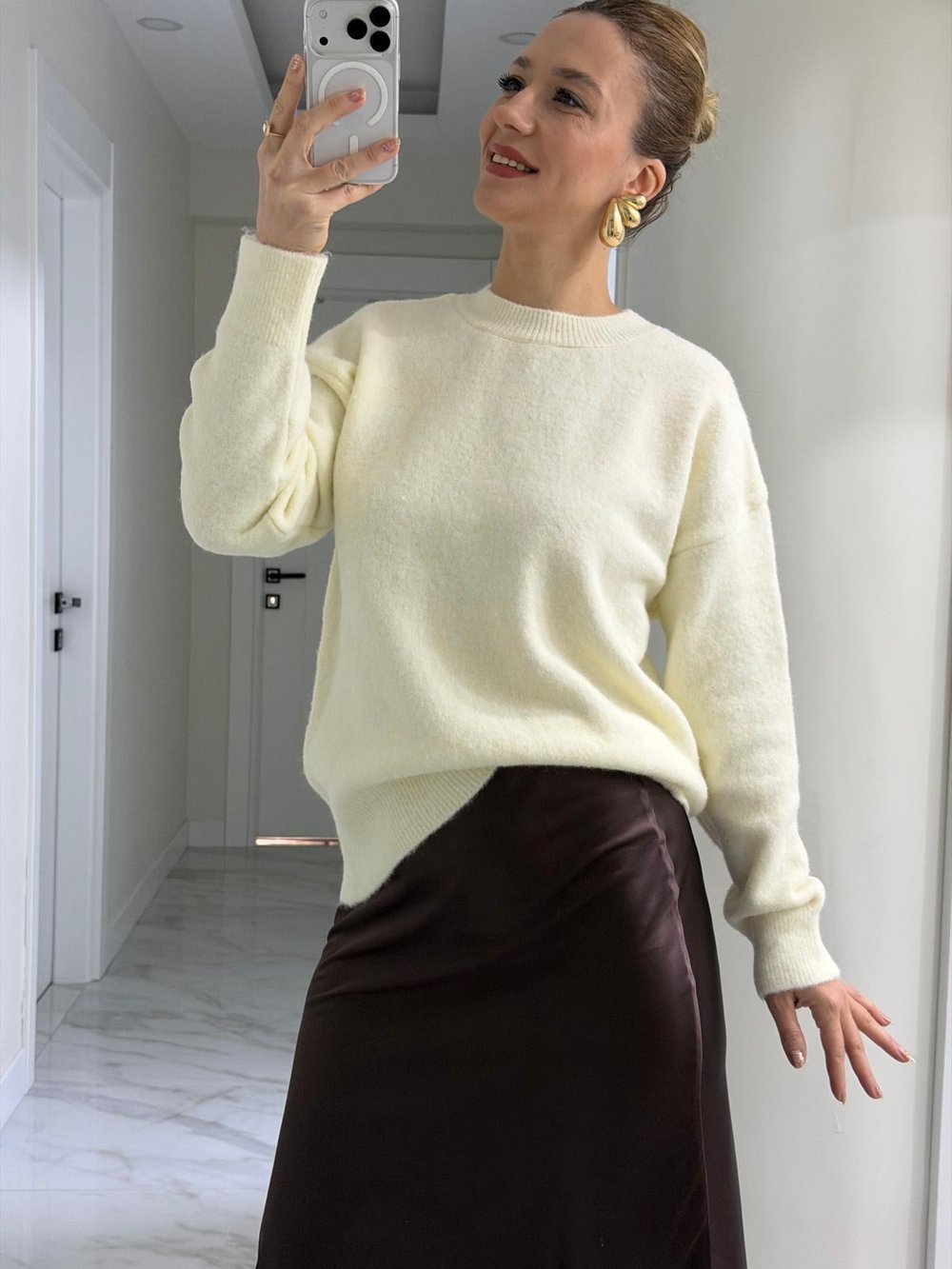 Pinterest Model Oversize Bisiklet Yaka Uzun Kazak Ekru