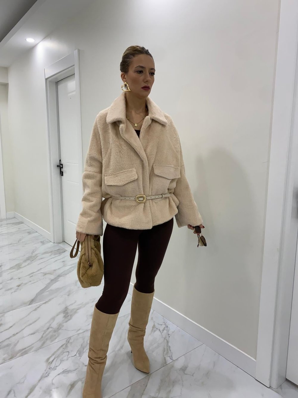 Premium Çift Cepli Peluş Oversize Kürk Kaban Bej