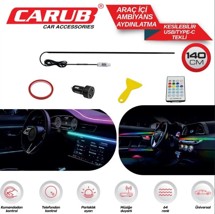 Carub Araç İçi Ambiyans LED 140 CM Tekli WiFi Kontrollü RGB Ortam Aydınlatma