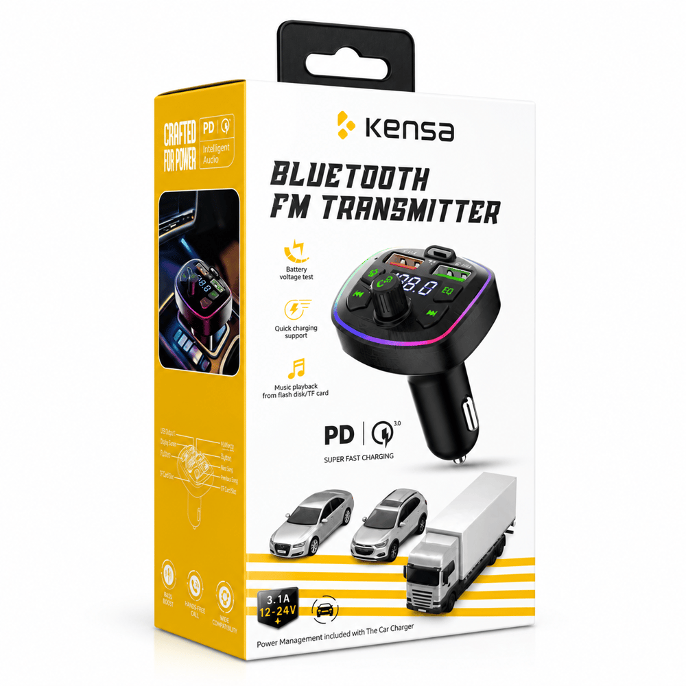 KENSA KT-325 Bluetooth FM Transmitter Araç İçi Hızlı Şarj Adaptörü PD Destekli
