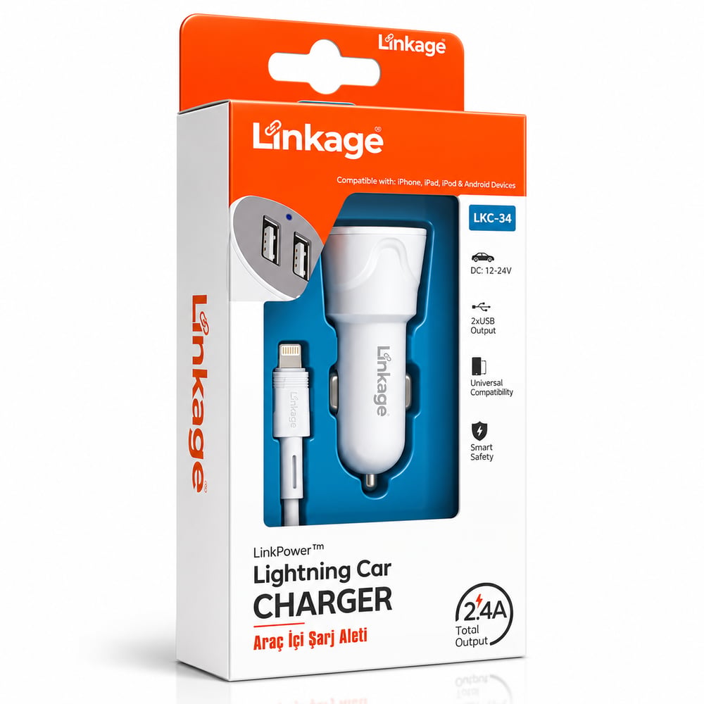 LİNKAGE LKC-34 Araç Şarjı ve iPhone Şarj Kablolu 2 USB 2.4A Lightning Araç Şarj Cihazı