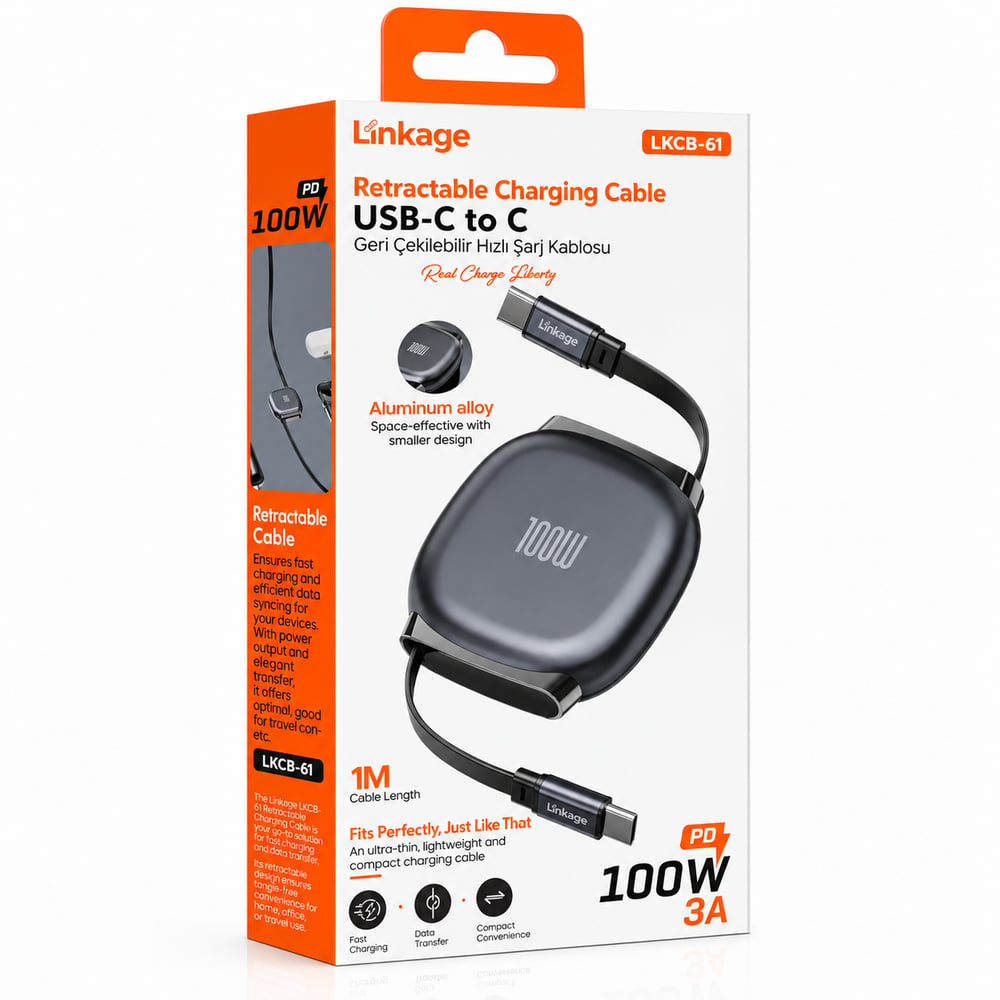 LİNKAGE LKCB-61 Type-C to Type-C Geri Çekilebilir Hızlı Şarj Kablosu 100W 1 Metre Siyah