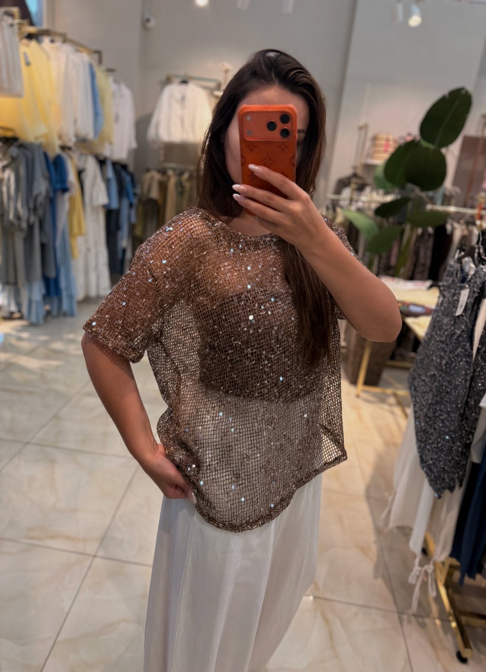  MOCHA IŞILTILI FİLE BLUZ