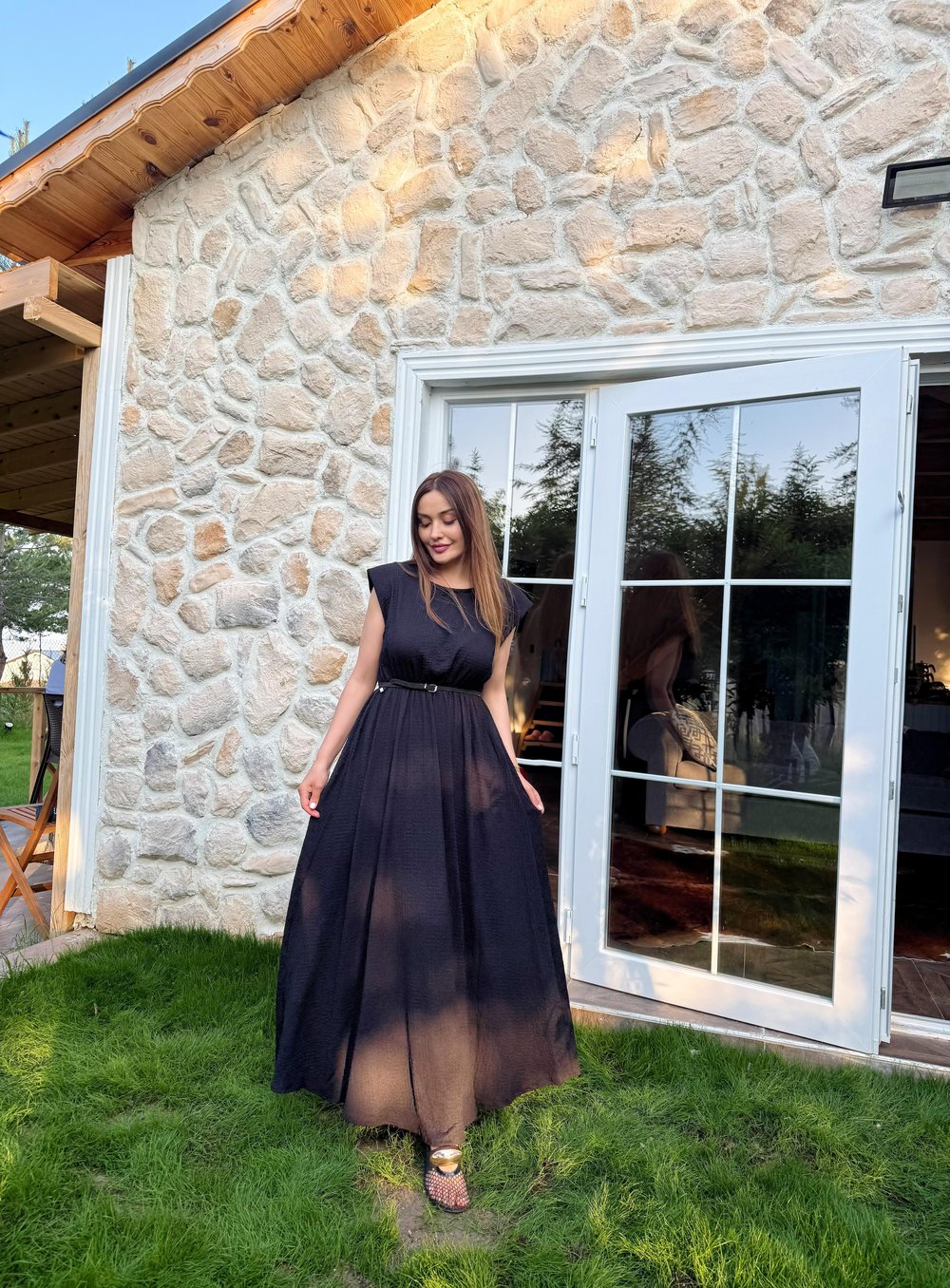 Vatkalı Kemerli Maxi Elbise