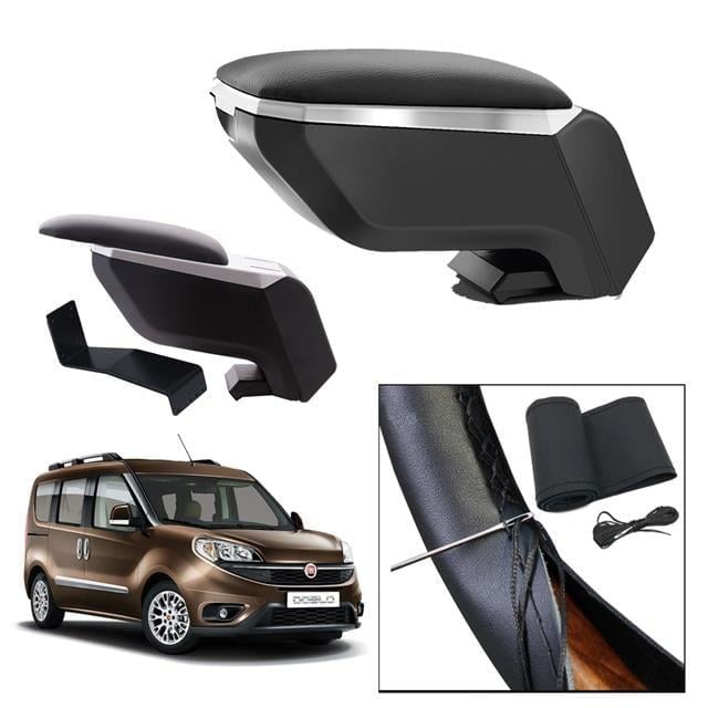 Lüks Set Fiat Doblo 2 2020 Delmesiz Çelik Ayaklı Gri-Siyah Kolçak Kol Dayama, Direksiyon Kılıfı