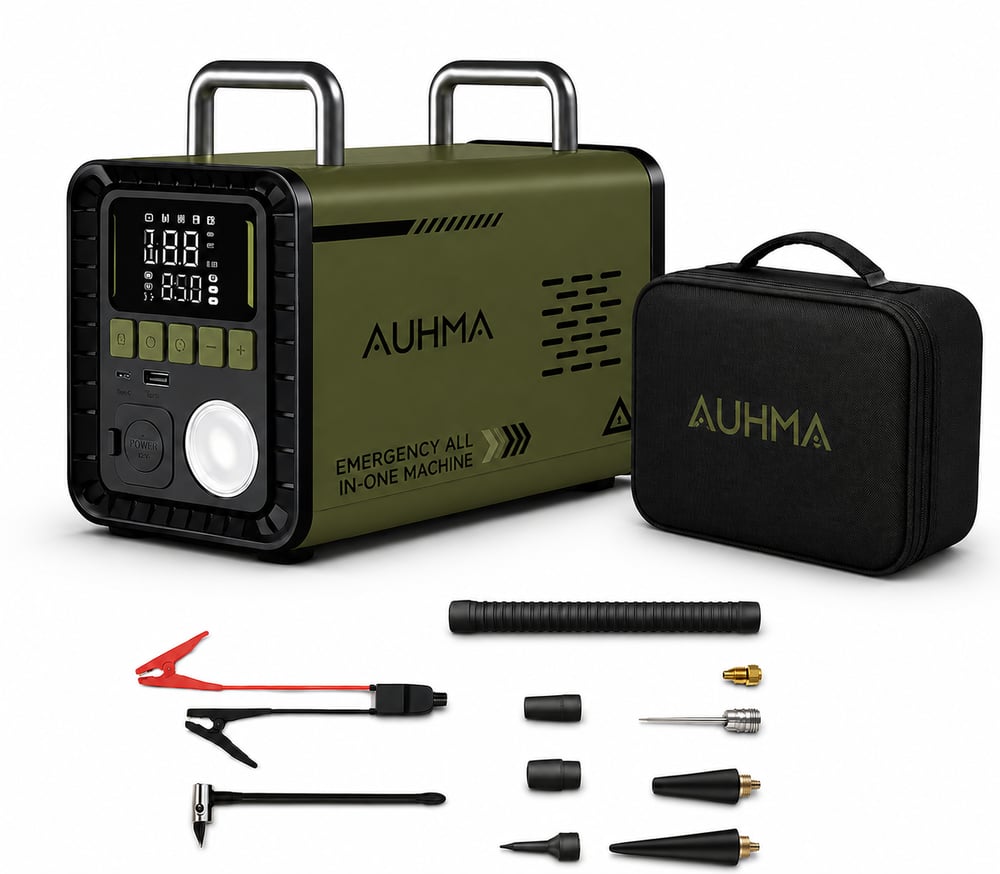 Auhma A8833 Haki 16.000 mAh 5'i 1 Arada Akü Takviye Cihazı Şarjlı Hava Kompresörü Powerbank Vakum Üfleme Dijital Fener