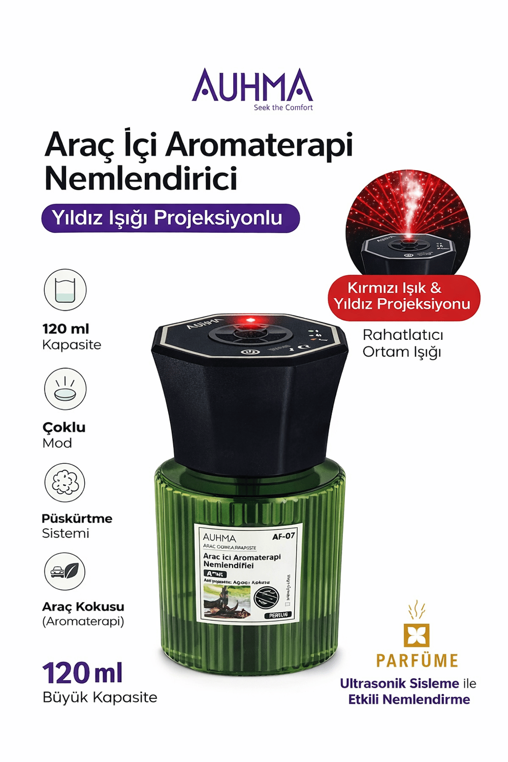 Auhma AF-07 Araç İçi Hava Nemlendirici & Koku Makinesi Abanoz Ağacı Esansı – 120ml Aromaterapi Difüzör Araç Kokusu