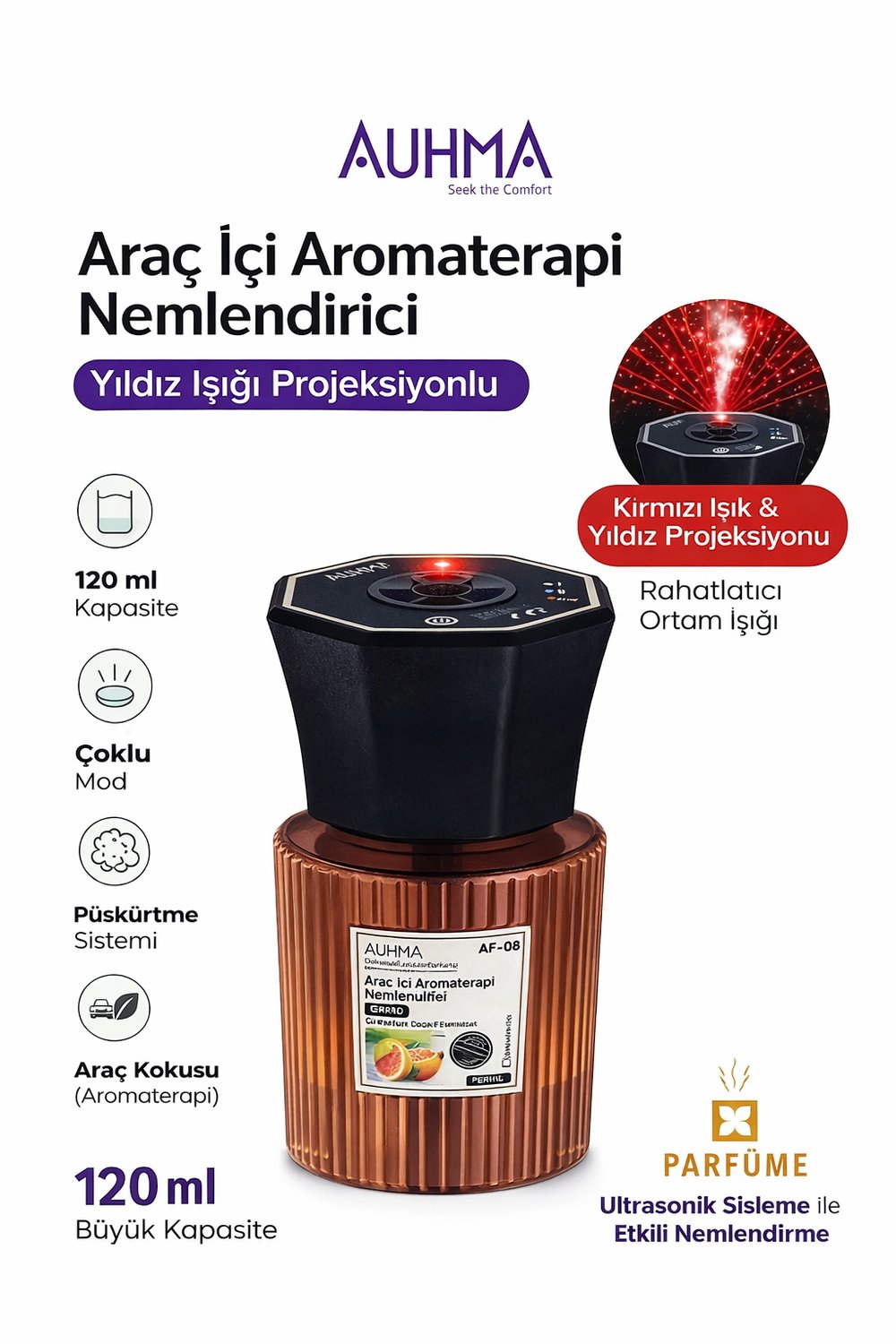 Auhma AF-08 Araç İçi Hava Nemlendirici & Koku Makinesi Mandalina Esansı – 120ml Aromaterapi Difüzör Araç Kokusu
