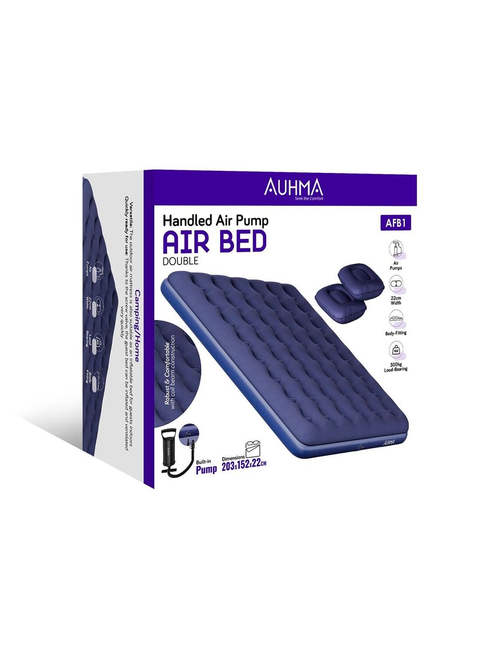 Auhma AFB1 Çift Kişilik Şişme Yatak | Dahili Pompalı | 203x152x22cm | Kamp & Ev Kullanımı İçin