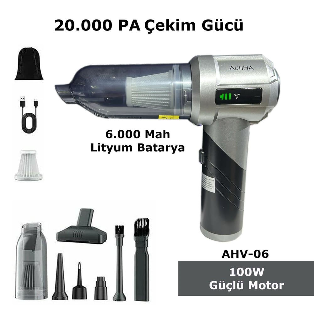 AUHMA AHV-06  2 İn 1 Araç İçi Mini Süpürge & Hava Üfleme Makinesi | 20.000 Pa Çekim Gücü | Fırçasız Motor Gri -Siyah
