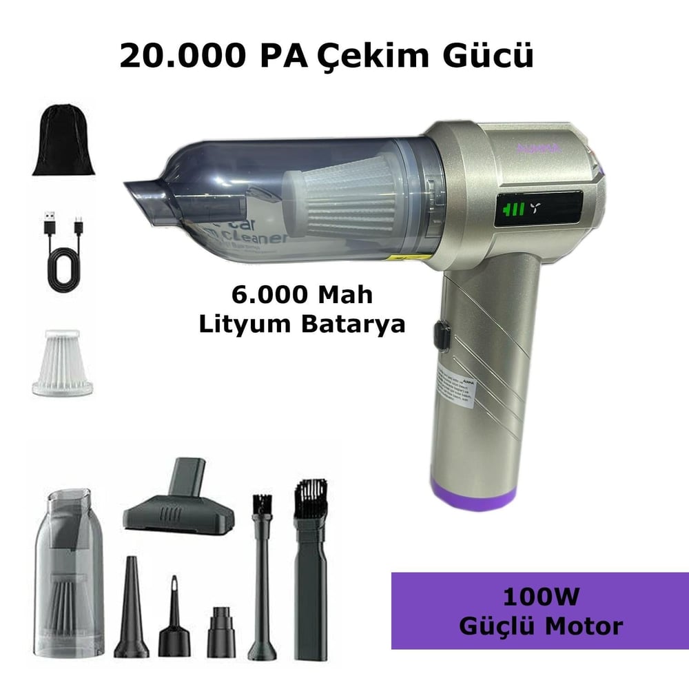 AUHMA AHV-06  2 İn 1 Araç İçi Mini Süpürge & Hava Üfleme Makinesi | 20.000 Pa Çekim Gücü | Fırçasız Motor Gri -Mor